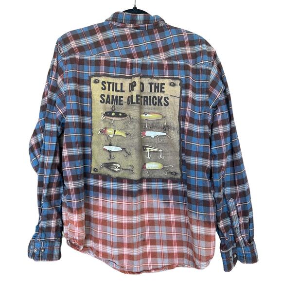 Fishing Lures Plaid Flannel Shirt XXL Oversize Upcycle Unique Fisherman Outdoors - Picture 1 of 5
